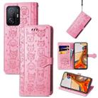 For Xiaomi Mi 11T / 11T Pro Cat and Dog Embossed Horizontal Flip Phone Leather Case with Holder & Card Slot & Wallet & Lanyard(Pink) - 1
