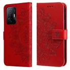 For Xiaomi 11T / 11T Pro 7-petal Flowers Embossing Horizontal Flip Leather Phone Case with Holder & Card Slots(Red) - 1