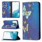 For Samsung Galaxy S22 5G Colored Drawing Pattern Invisible Magnetic Horizontal Flip Phone Leather Case with Holder & Card Slots & Wallet(Gold Butterfly) - 1