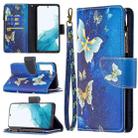 For Samsung Galaxy S22+ 5G Colored Drawing Pattern Zipper Horizontal Flip Phone Leather Case with Holder & Card Slots & Wallet(Gold Butterfly) - 1