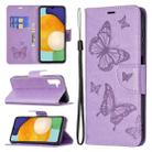 For Samsung Galaxy A13 5G Embossing Two Butterflies Pattern Leather Phone Case with Holder & Card Slot & Wallet & Lanyard(Purple) - 1