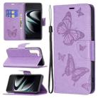 For Samsung Galaxy S22 Ultra 5G Embossing Two Butterflies Pattern Leather Phone Case with Holder & Card Slot & Wallet & Lanyard(Purple) - 1