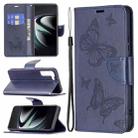 For Samsung Galaxy S22 Ultra 5G Embossing Two Butterflies Pattern Leather Phone Case with Holder & Card Slot & Wallet & Lanyard(Blue) - 1
