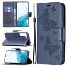 For Samsung Galaxy S22 5G Embossing Two Butterflies Pattern Leather Phone Case with Holder & Card Slot & Wallet & Lanyard(Blue) - 1