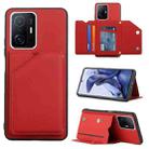 For Xiaomi Mi 11T / Mi 11 Pro Skin Feel PU + TPU + PC Back Cover Shockproof Phone Case with Card Slots & Holder & Photo Frame(Red) - 1