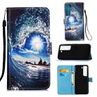 For Samsung Galaxy S22 5G Colored Drawing Pattern Plain Weave Leather Phone Case with Holder & Card Slot & Wallet & Lanyard(Ocean Waves and Sun) - 1