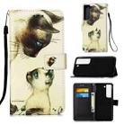 For Samsung Galaxy S22 5G Colored Drawing Pattern Plain Weave Leather Phone Case with Holder & Card Slot & Wallet & Lanyard(Cat Looking) - 1