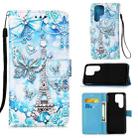 For Samsung Galaxy S22 Ultra 5G Colored Drawing Pattern Plain Weave Leather Phone Case with Holder & Card Slot & Wallet & Lanyard(Tower Butterfly) - 1