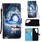 For Samsung Galaxy S22 Ultra 5G Colored Drawing Pattern Plain Weave Leather Phone Case with Holder & Card Slot & Wallet & Lanyard(Ocean Waves and Sun) - 1