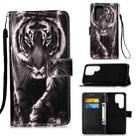 For Samsung Galaxy S22 Ultra 5G Colored Drawing Pattern Plain Weave Leather Phone Case with Holder & Card Slot & Wallet & Lanyard(Black White Tiger) - 1