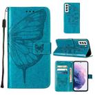 For Samsung Galaxy S22 5G Embossed Butterfly Leather Phone Case with Holder & Card Slot & Wallet & Lanyard(Blue) - 1