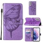 For Samsung Galaxy S22 5G Embossed Butterfly Leather Phone Case with Holder & Card Slot & Wallet & Lanyard(Purple) - 1