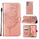 For Samsung Galaxy S22 Ultra 5G Embossed Butterfly Leather Phone Case with Holder & Card Slot & Wallet & Lanyard(Rose Gold) - 1
