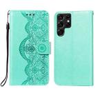 For Samsung Galaxy S22 Ultra 5G Flower Vine Embossing Pattern Horizontal Flip Leather Phone Case with Card Slot & Holder & Wallet & Lanyard(Green) - 1