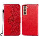 For Samsung Galaxy S22+ 5G Flower Vine Embossing Pattern Horizontal Flip Leather Phone Case with Card Slot & Holder & Wallet & Lanyard(Red) - 1