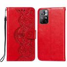 For Xiaomi Redmi Note 11 Flower Vine Embossing Pattern Horizontal Flip Leather Phone Case with Card Slot & Holder & Wallet & Lanyard(Red) - 1