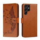 For Samsung Galaxy S22 Ultra 5G Feather Pattern Litchi Texture Leather Phone Case with Holder & Card Slots & Wallet(Brown) - 1