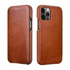 For iPhone 12 / 12 Pro ICARER First Layer Cowhide Horizontal Flip Phone Case(Brown) - 1