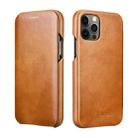 For iPhone 12 / 12 Pro ICARER First Layer Cowhide Horizontal Flip Phone Case(Khaki) - 1