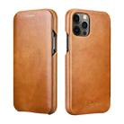 For iPhone 12 Pro Max ICARER First Layer Cowhide Horizontal Flip Phone Case(Khaki) - 1