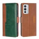 For OnePlus 9RT 5G Retro Texture Contrast Color Side Buckle Horizontal Flip Leather Phone Case with Holder & Card Slots & Wallet(Light Brown+Green) - 1