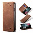 For Samsung Galaxy S22 Ultra 5G Denim Texture Casual Style Horizontal Flip Leather Case with Holder & Card Slots & Wallet(Brown) - 1