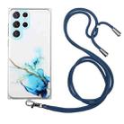 For Samsung Galaxy S22 Ultra 5G Hollow Marble Pattern TPU Shockproof Phone Case with Neck Strap Rope(Blue) - 1