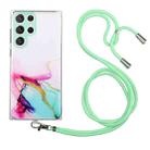For Samsung Galaxy S22 Ultra 5G Hollow Marble Pattern TPU Shockproof Phone Case with Neck Strap Rope(Green) - 1