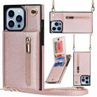 For iPhone 13 Pro Cross-body Zipper Square Phone Case with Holder (Rose Gold) - 1