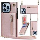 For iPhone 13 Pro Max Cross-body Zipper Square Phone Case with Holder (Rose Gold) - 1