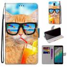 For Nokia C01 Plus Coloured Drawing Cross Texture Horizontal Flip Leather Phone Case with Holder & Card Slots & Wallet & Lanyard(Cat Drinking Soda) - 1