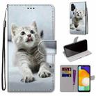 For Samsung Galaxy A13 4G Coloured Drawing Cross Texture Horizontal Flip Leather Phone Case with Holder & Card Slots & Wallet & Lanyard(Small Grey Cat) - 1