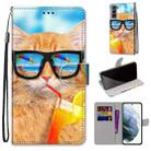 For Samsung Galaxy S22 5G Coloured Drawing Cross Texture Horizontal Flip Leather Phone Case with Holder & Card Slots & Wallet & Lanyard(Cat Drinking Soda) - 1