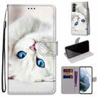 For Samsung Galaxy S22 5G Coloured Drawing Cross Texture Horizontal Flip Leather Phone Case with Holder & Card Slots & Wallet & Lanyard(White Kitten) - 1