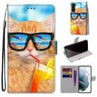 For Samsung Galaxy S22+ 5G Coloured Drawing Cross Texture Horizontal Flip Leather Phone Case with Holder & Card Slots & Wallet & Lanyard(Cat Drinking Soda) - 1