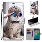 For Nokia C01 Plus Coloured Drawing Cross Texture Horizontal Flip PU Phone Leather Case with Holder & Card Slots & Wallet & Lanyard(Colorful Layer(Oblique Hat Blue Mirror Cat) - 1