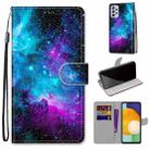 For Samsung Galaxy A33 5G Coloured Drawing Cross Texture Horizontal Flip PU Phone Leather Case with Holder & Card Slots & Wallet & Lanyard(Colorful Layer(Purple Green Starry Sky) - 1