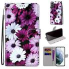 For Samsung Galaxy S22 5G Coloured Drawing Cross Texture Horizontal Flip PU Phone Leather Case with Holder & Card Slots & Wallet & Lanyard(Colorful Layer(Chrysanthemum Pink White Purple) - 1