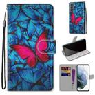 For Samsung Galaxy S22 5G Coloured Drawing Cross Texture Horizontal Flip PU Phone Leather Case with Holder & Card Slots & Wallet & Lanyard(Colorful Layer(Big Red Butterfly On Blue) - 1