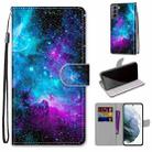 For Samsung Galaxy S22 5G Coloured Drawing Cross Texture Horizontal Flip PU Phone Leather Case with Holder & Card Slots & Wallet & Lanyard(Colorful Layer(Purple Green Starry Sky) - 1