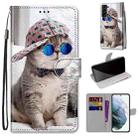 For Samsung Galaxy S22+ 5G Coloured Drawing Cross Texture Horizontal Flip PU Phone Leather Case with Holder & Card Slots & Wallet & Lanyard(Colorful Layer(Oblique Hat Blue Mirror Cat) - 1