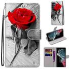 For Samsung Galaxy S22 Ultra 5G Coloured Drawing Cross Texture Horizontal Flip PU Phone Leather Case with Holder & Card Slots & Wallet & Lanyard(Colorful Layer(Red Rose On Wooden) - 1