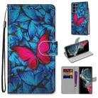 For Samsung Galaxy S22 Ultra 5G Coloured Drawing Cross Texture Horizontal Flip PU Phone Leather Case with Holder & Card Slots & Wallet & Lanyard(Colorful Layer(Big Red Butterfly On Blue) - 1