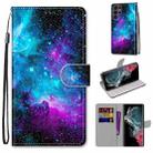 For Samsung Galaxy S22 Ultra 5G Coloured Drawing Cross Texture Horizontal Flip PU Phone Leather Case with Holder & Card Slots & Wallet & Lanyard(Colorful Layer(Purple Green Starry Sky) - 1