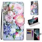 For Samsung Galaxy S22 Ultra 5G Coloured Drawing Cross Texture Horizontal Flip PU Phone Leather Case with Holder & Card Slots & Wallet & Lanyard(Colorful Layer(Light Pink Bouquet) - 1