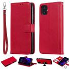 For iPhone 11 Solid Color Horizontal Flip Protective Case with Holder & Card Slots & Wallet & Photo Frame & Lanyard(Red) - 1