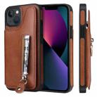 For iPhone 13 Solid Color Double Buckle Zipper Shockproof Phone Case(Brown) - 1