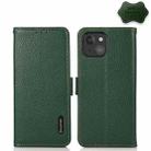 For iPhone 13 mini KHAZNEH Side-Magnetic Litchi Genuine Leather RFID Case (Green) - 1