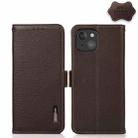 For iPhone 13 mini KHAZNEH Side-Magnetic Litchi Genuine Leather RFID Case (Brown) - 1