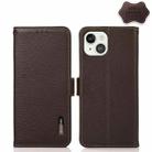 For iPhone 13 KHAZNEH Side-Magnetic Litchi Genuine Leather RFID Case(Brown) - 1